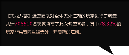 《天龙八部》运营团队对全体天外江湖的玩家进行了调查，共计708510名玩家填写了此次调查问卷，其中78.32%的玩家非常赞同重组天外，开启新的江湖。