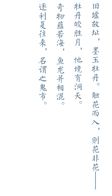 旧墟故址，墨玉牡丹。触花而入，则花非花